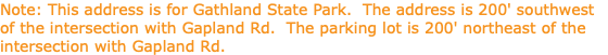 Note: This address is for Gathland State Park. The address is 200' southwest of the intersection with Gapland Rd. The parking lot is 200' northeast of the intersection with Gapland Rd.